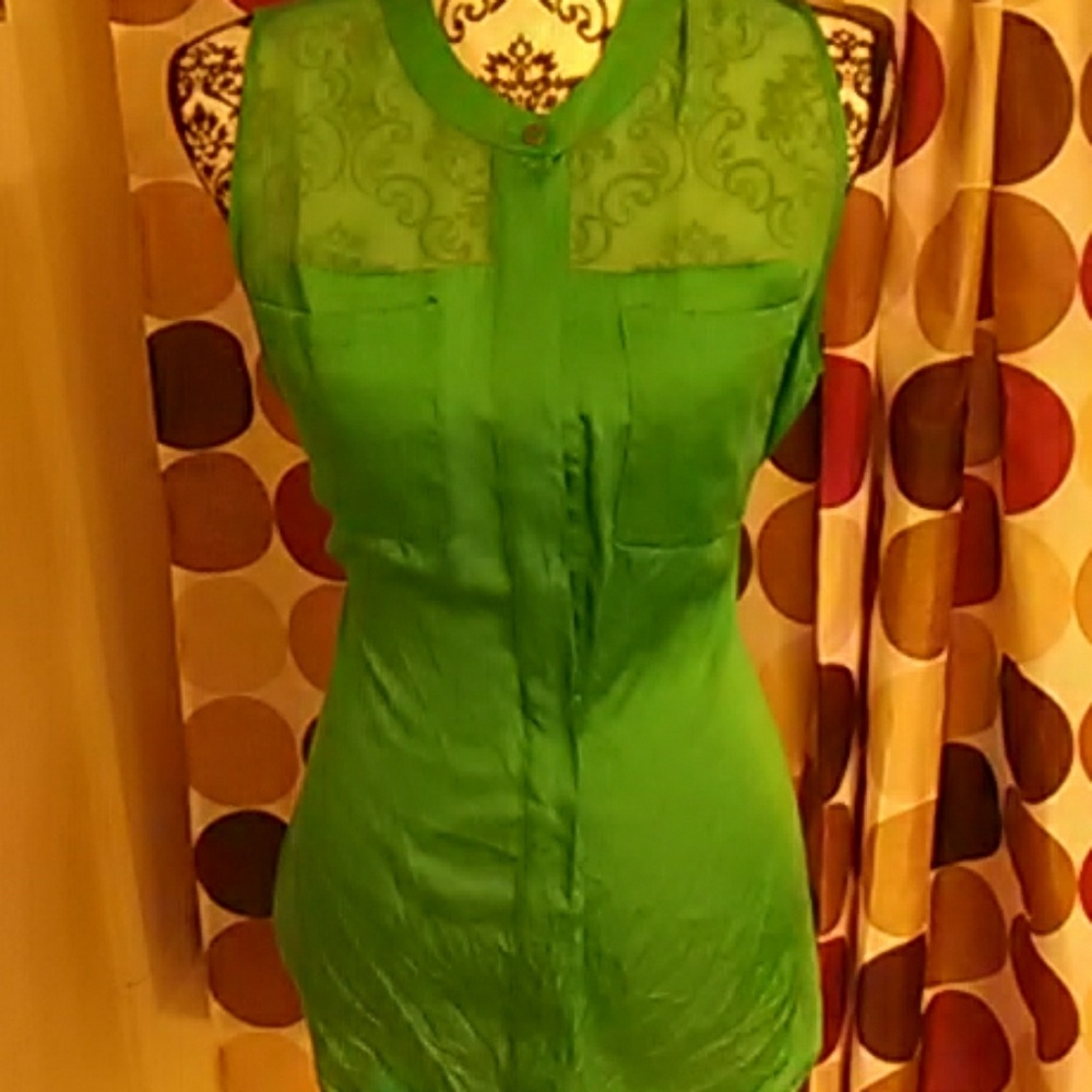 Green button down with sheer panels